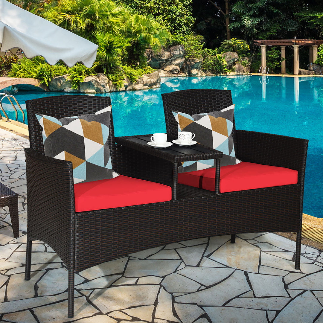 Patio Rattan Conversation Set Loveseat Sofa Cushioned Coffee Table Turquois\Red Image 4