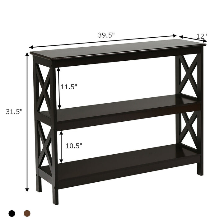 Costway 3-Tier Console Table x-Design Bookshelf Sofa Side Accent Table w/Shelf Espresso\Black Image 3