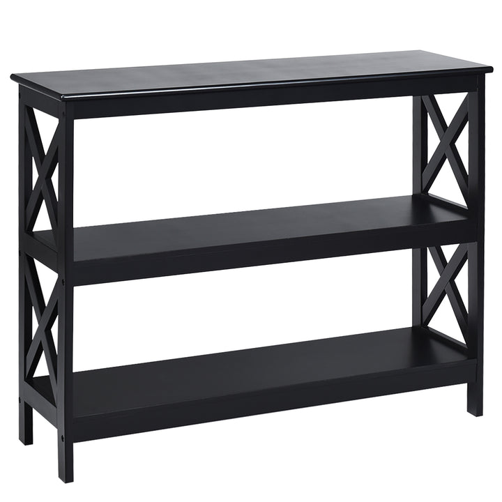 Costway 3-Tier Console Table x-Design Bookshelf Sofa Side Accent Table w/Shelf Espresso\Black Image 4