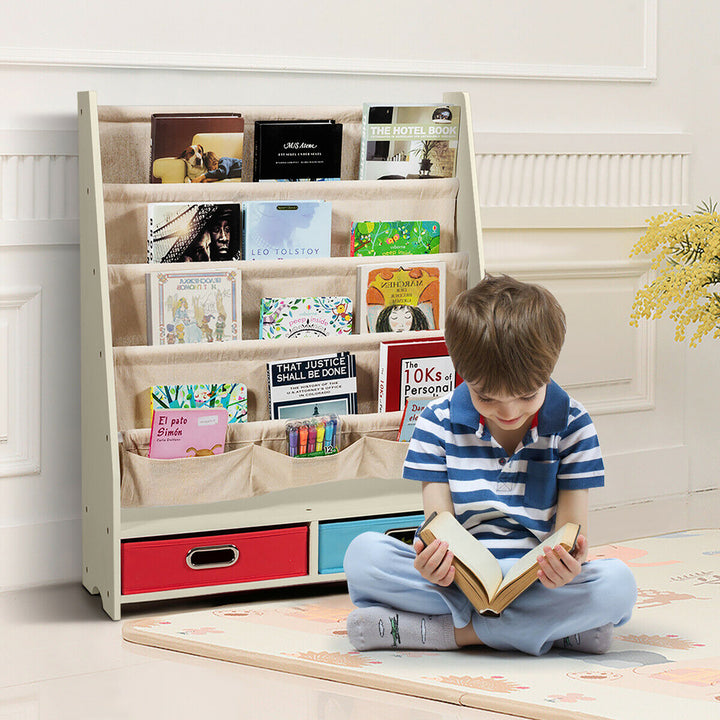 Costway Kids Book Rack Toys Organizer with 4 Sling Bookshelf and 2 Boxes Espresso\Beige Image 3