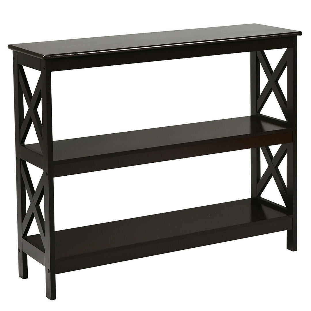 Costway 3-Tier Console Table x-Design Bookshelf Sofa Side Accent Table w/Shelf Espresso\Black Image 5