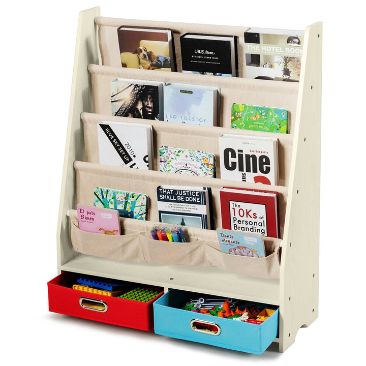 Costway Kids Book Rack Toys Organizer with 4 Sling Bookshelf and 2 Boxes Espresso\Beige Image 1