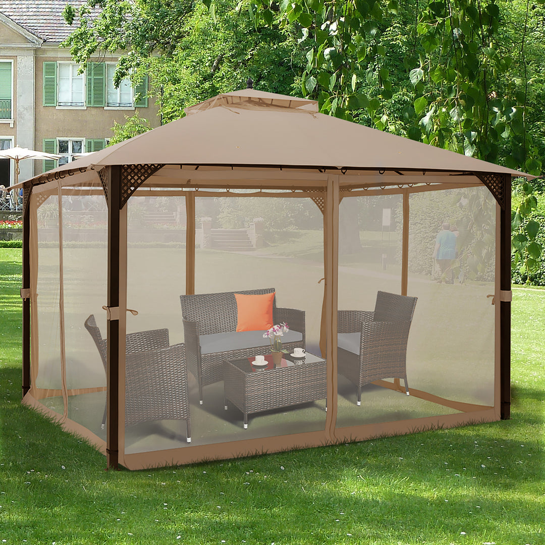 Costway 12 x 10 Outdoor Patio Gazebo Canopy Shelter Double Top Sidewalls Netting Brown\ Beige Image 2