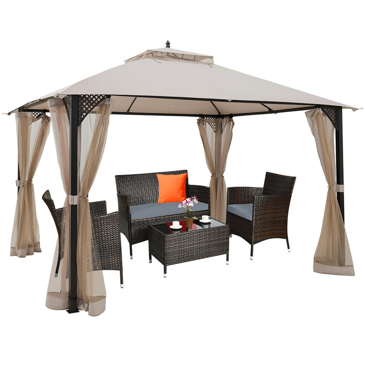 Costway 12 x 10 Outdoor Patio Gazebo Canopy Shelter Double Top Sidewalls Netting Brown\ Beige Image 3