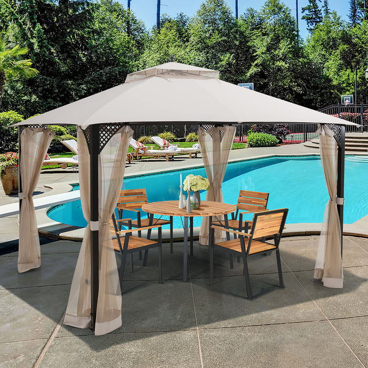 Costway 12 x 10 Outdoor Patio Gazebo Canopy Shelter Double Top Sidewalls Netting Brown\ Beige Image 4