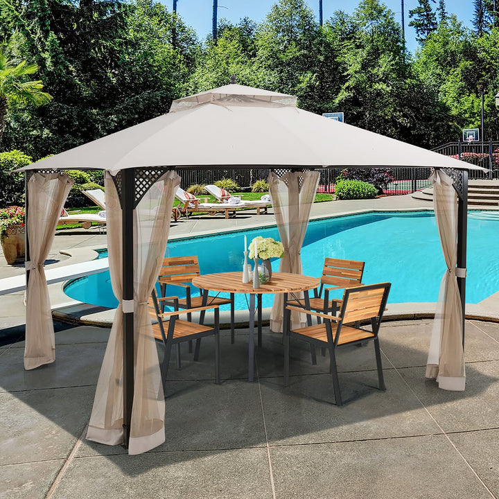 Costway 12 x 10 Outdoor Patio Gazebo Canopy Shelter Double Top Sidewalls Netting Brown\ Beige Image 1