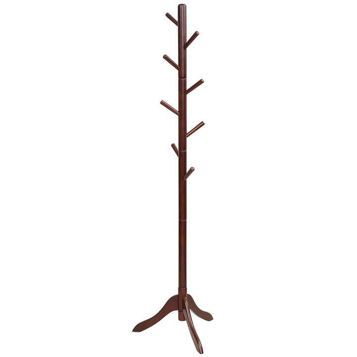 Costway Wooden Coat Rack Stand Entryway Hall Tree 2 Adjustable Height w/ 8 Hooks Gray\Brown Image 5