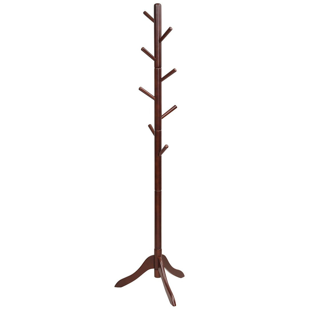 Costway Wooden Coat Rack Stand Entryway Hall Tree 2 Adjustable Height w/ 8 Hooks Gray\Brown Image 1