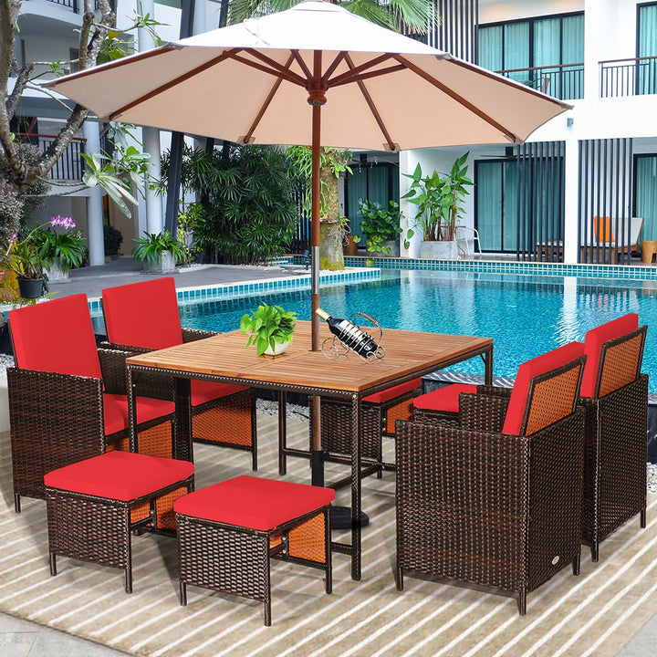 9PCS Patio Rattan Dining Set Cushioned Chairs Ottoman Wood Table Top White\Red Image 1