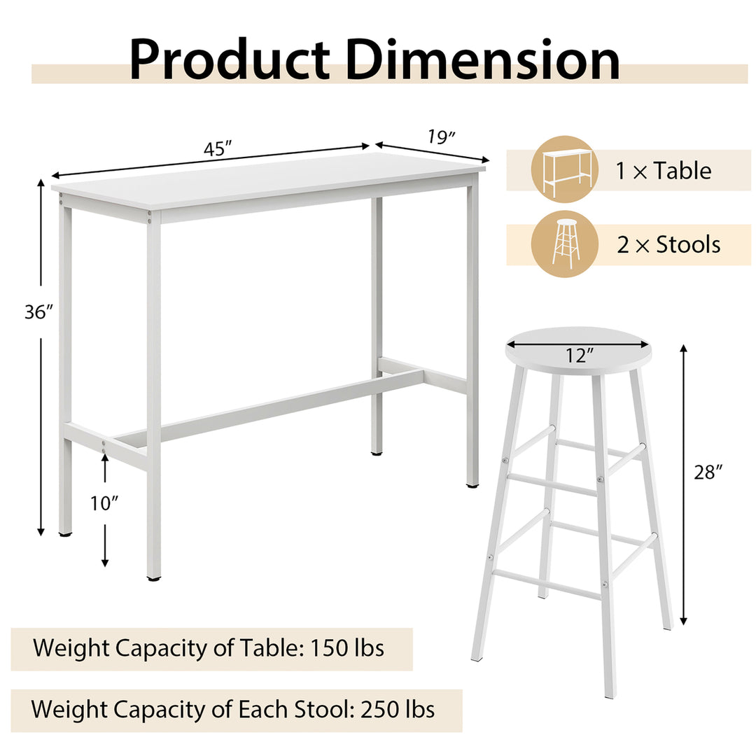 Costway 3 Piece Bar Table Set Pub Table and 2 Stools Counter Kitchen Dining Set Image 3