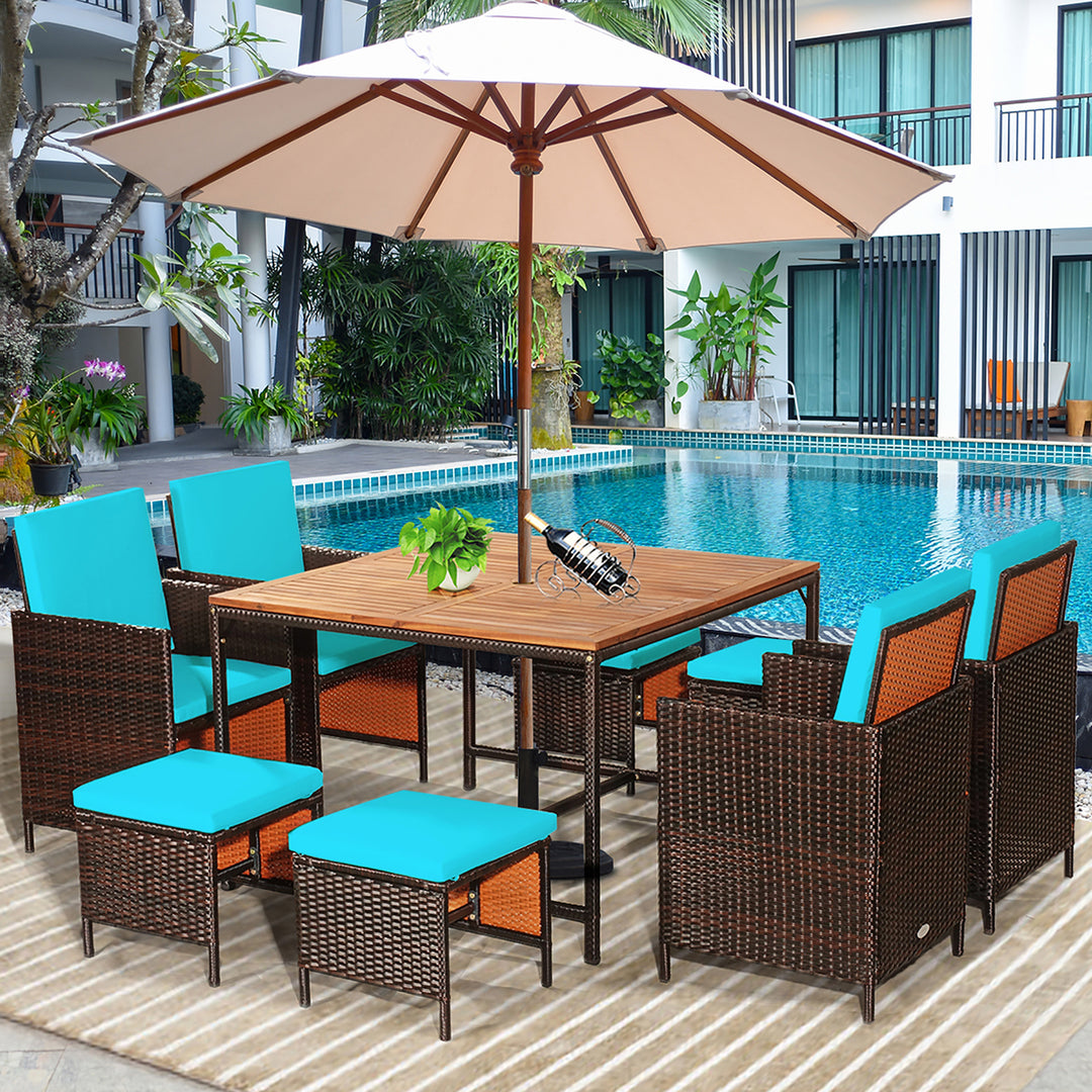 9PCS Patio Rattan Dining Set Cushioned Chairs Ottoman Wood Table Top White\Red Image 1