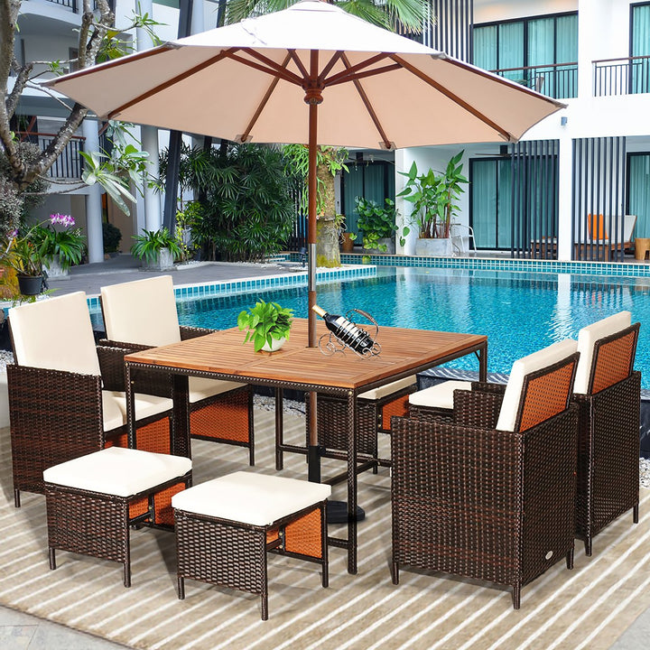 9PCS Patio Rattan Dining Set Cushioned Chairs Ottoman Wood Table Top White\Red Image 1