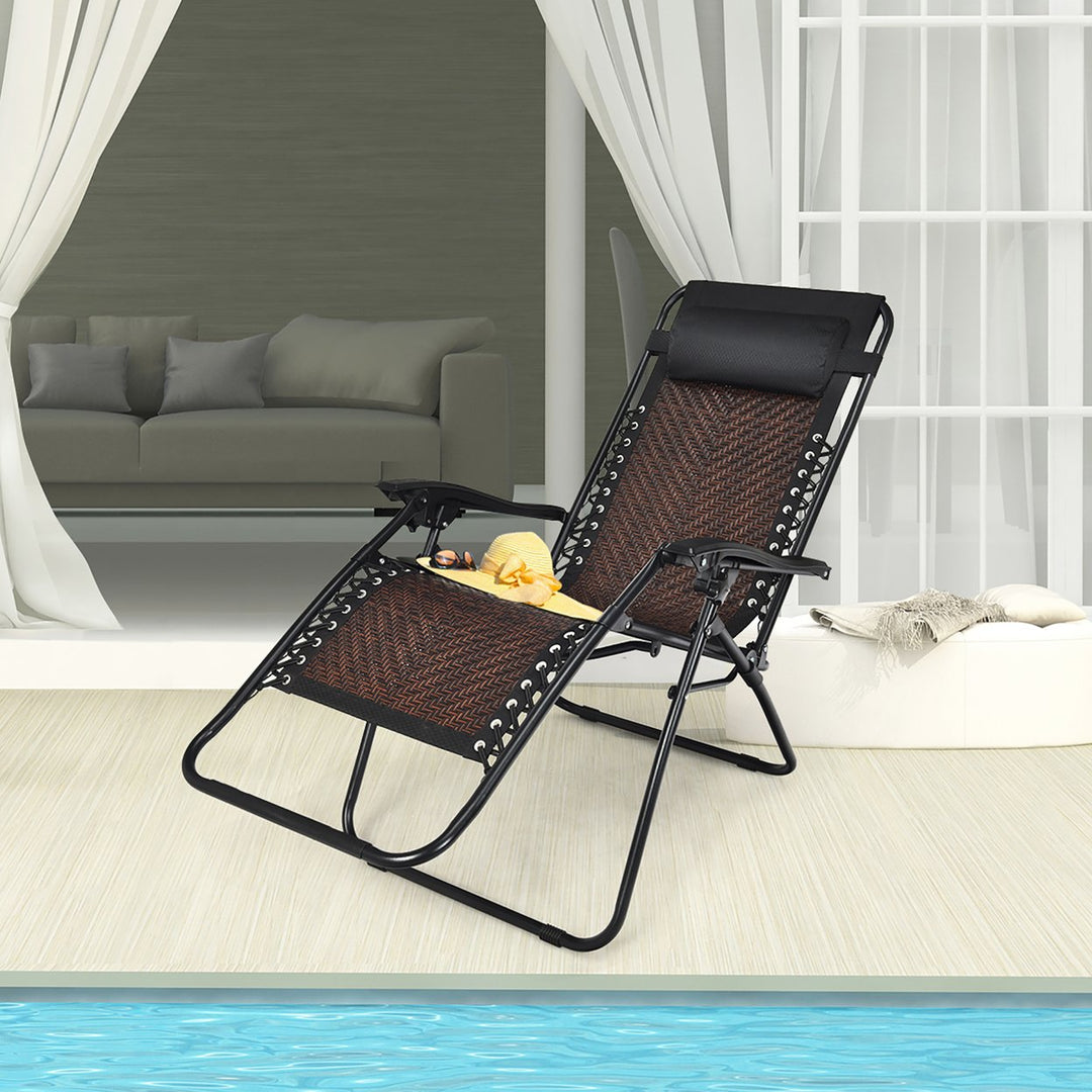 Costway Patio Rattan Zero Gravity Lounge Chair Chaise Folding Recliner W/Headrest Brown\Mix Brown Image 1