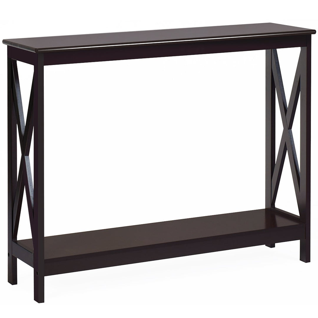 Costway 2-Tier Console Table x-Design Bookshelf Sofa Side Accent Table w/Shelf White\ Black\Espresso\Wood Grain Image 1