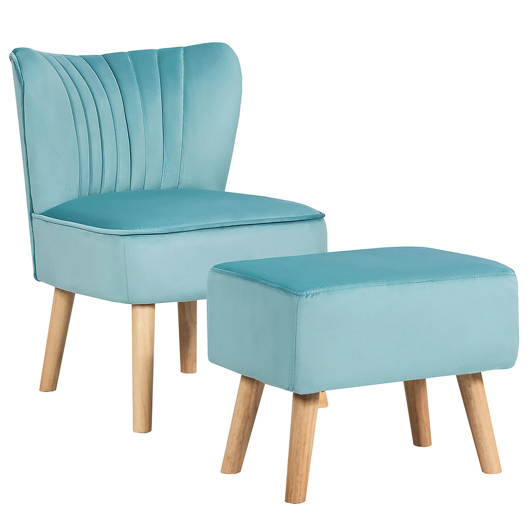 Costway Leisure Chair and Ottoman Thick Padded Velvet Tufted Sofa Set w/ Wood Legs Pink\Blue\ Green Image 5