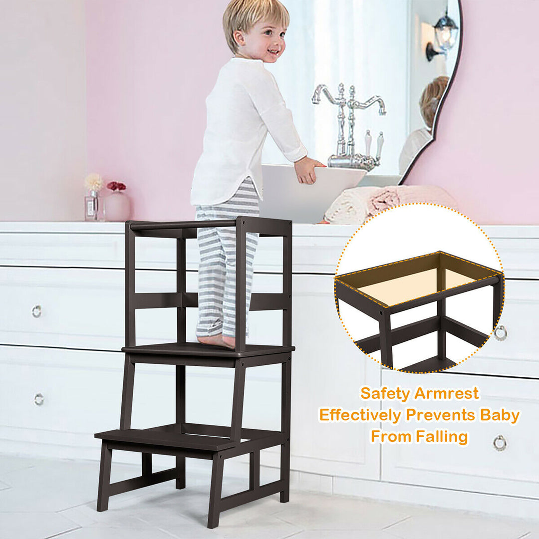 Costway Kids Kitchen Step Stool Wooden Toddler Stand Helper w/ Safety Rail Gray\Brown Image 2