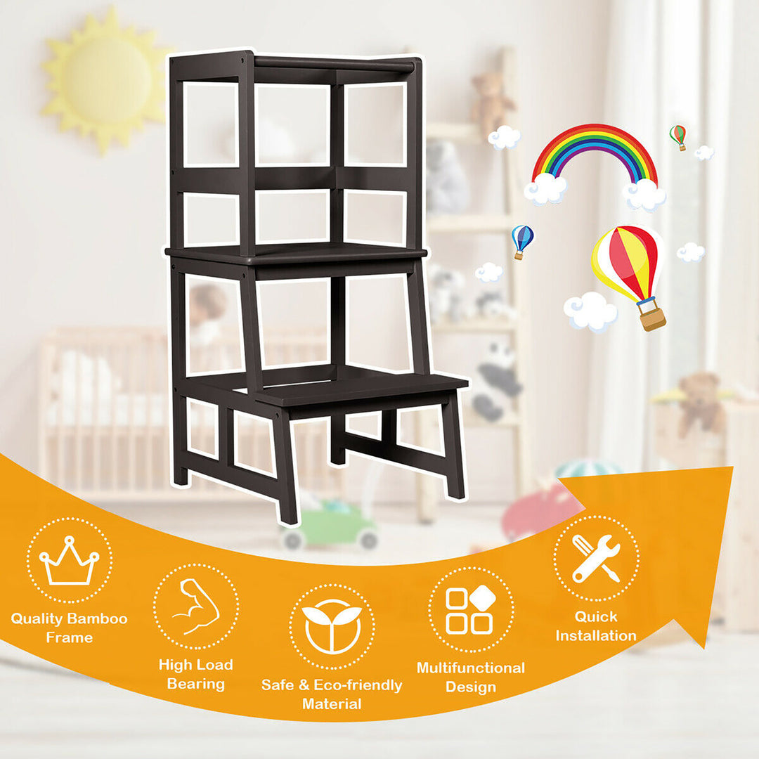 Costway Kids Kitchen Step Stool Wooden Toddler Stand Helper w/ Safety Rail Gray\Brown Image 3