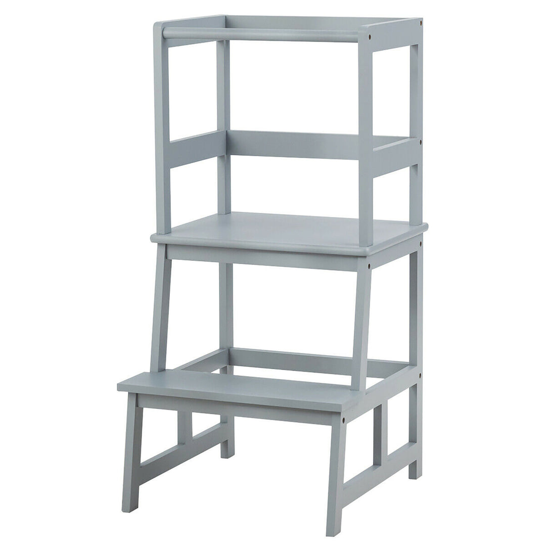 Costway Kids Kitchen Step Stool Wooden Toddler Stand Helper w/ Safety Rail Gray\Brown Image 4