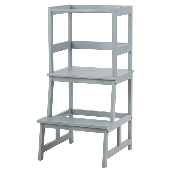 Costway Kids Kitchen Step Stool Wooden Toddler Stand Helper w/ Safety Rail Gray\Brown Image 4