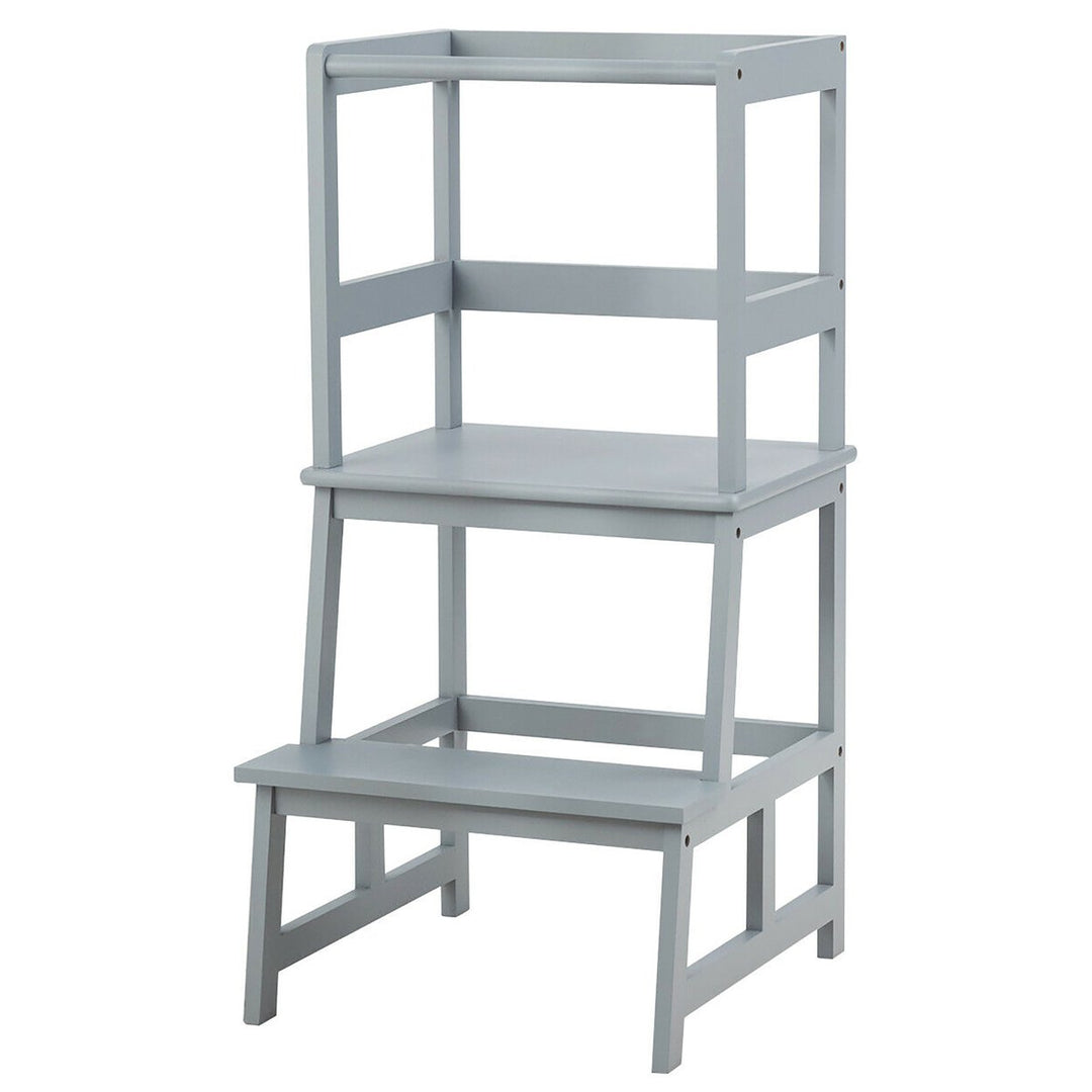 Costway Kids Kitchen Step Stool Wooden Toddler Stand Helper w/ Safety Rail Gray\Brown Image 1