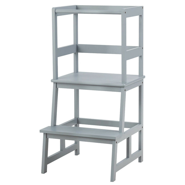 Costway Kids Kitchen Step Stool Wooden Toddler Stand Helper w/ Safety Rail Gray\Brown Image 1