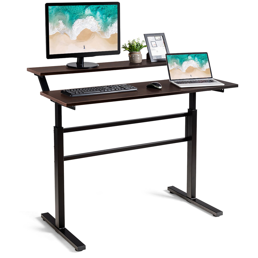 Costway Standing Desk Crank Adjustable Sit to Stand Workstation with Monitor Shelf Brown\Black Image 1