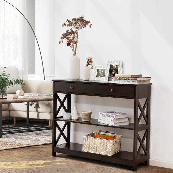 Costway 3-Tier Console Table X-Design Sofa Entryway Table with Drawer and Shelves Gray\ Espresso Image 3