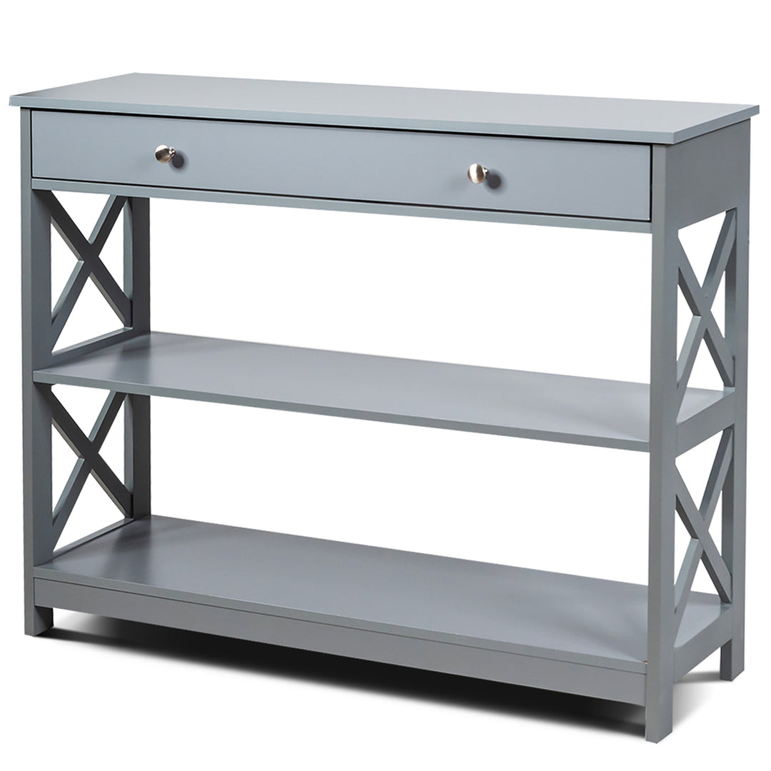 Costway 3-Tier Console Table X-Design Sofa Entryway Table with Drawer and Shelves Gray\ Espresso Image 4