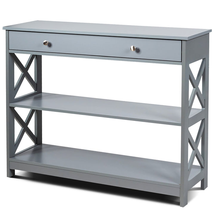 Costway 3-Tier Console Table X-Design Sofa Entryway Table with Drawer and Shelves Gray\ Espresso Image 1