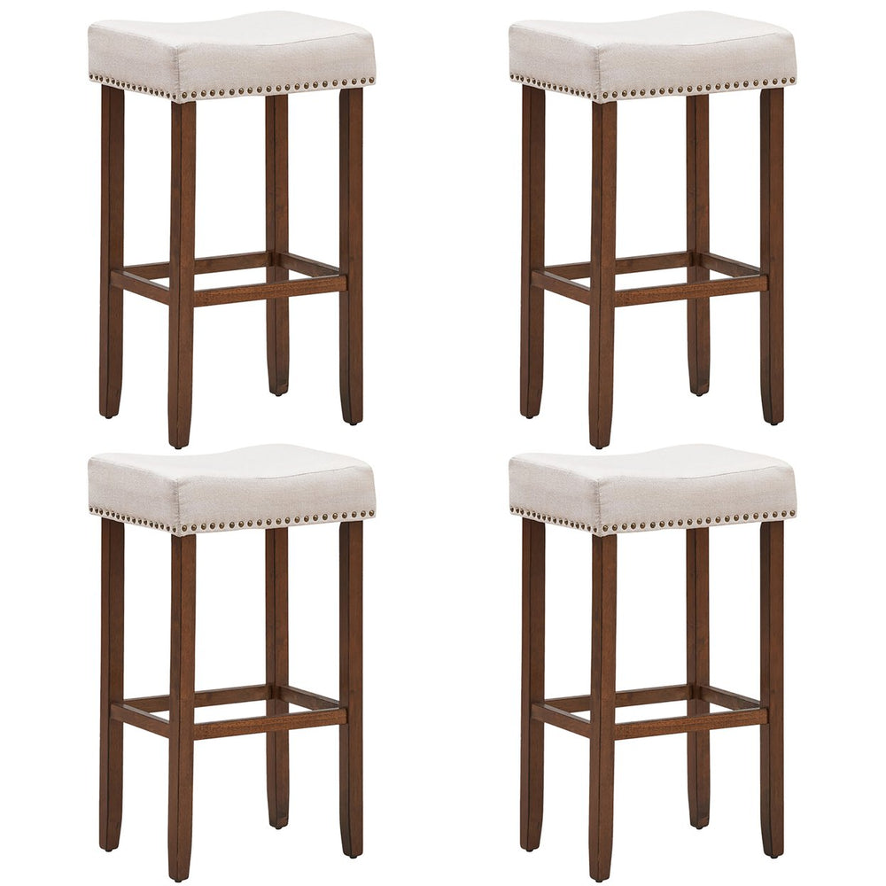 Costway Set of 4 Nailhead Saddle Bar Stools 29 Height w/ Fabric Seat and Wood Legs Gray/Beige Image 2