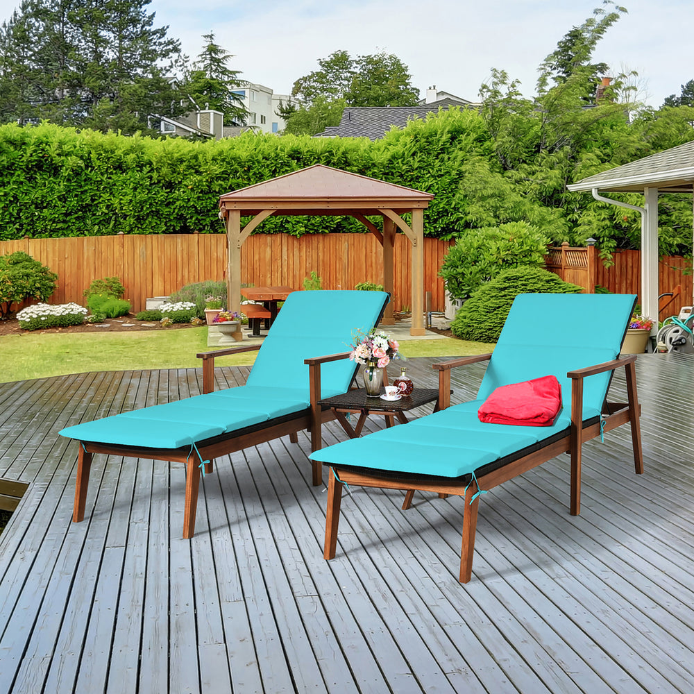 Costway 3PCS Patio Rattan Lounge Chair Folding Table Set Chaise Wood Cushioned White\Turquoise Image 2