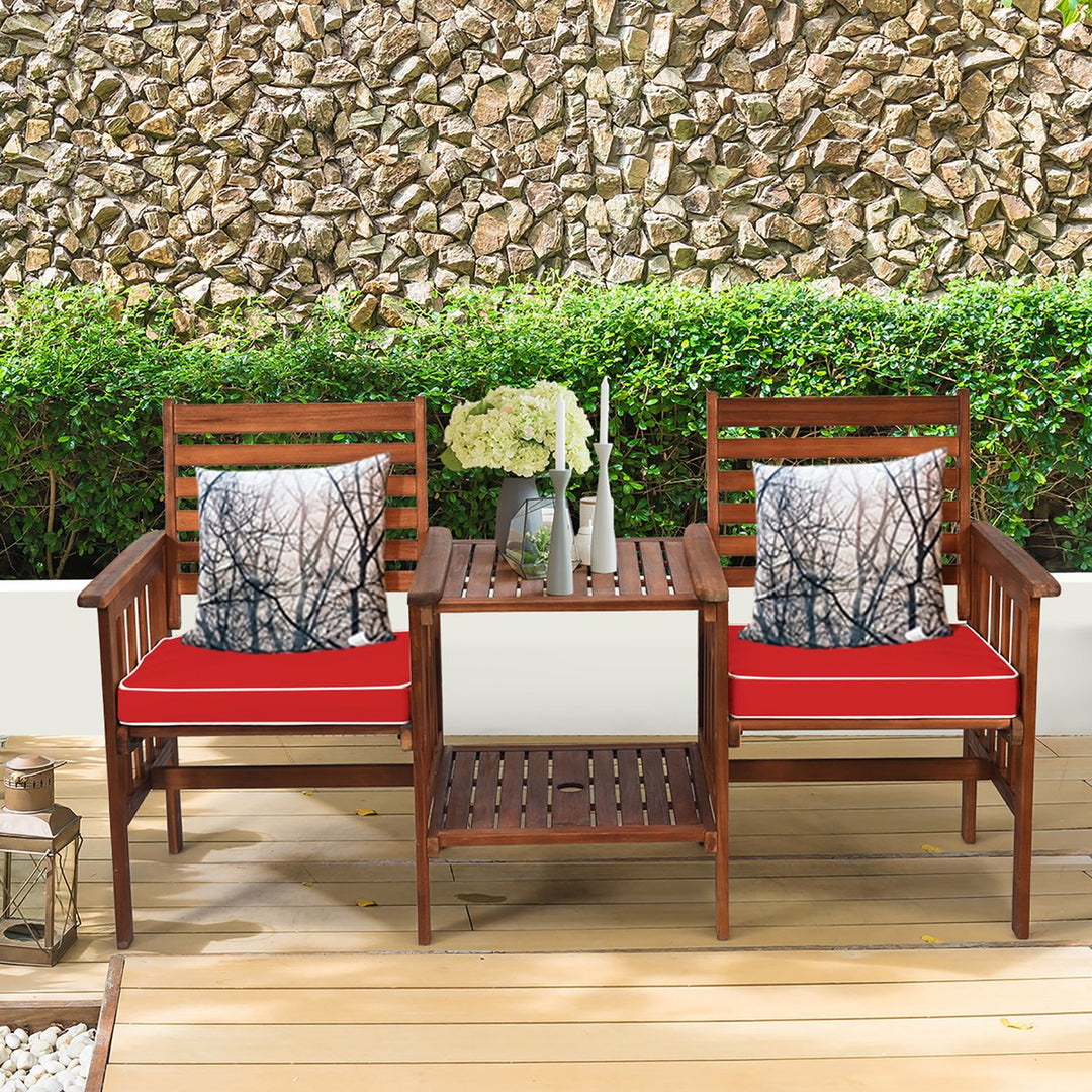 Costway Patio Loveseat Conversation Set Acacia Wood Chair Coffee Table Cushioned White\ Red Image 1