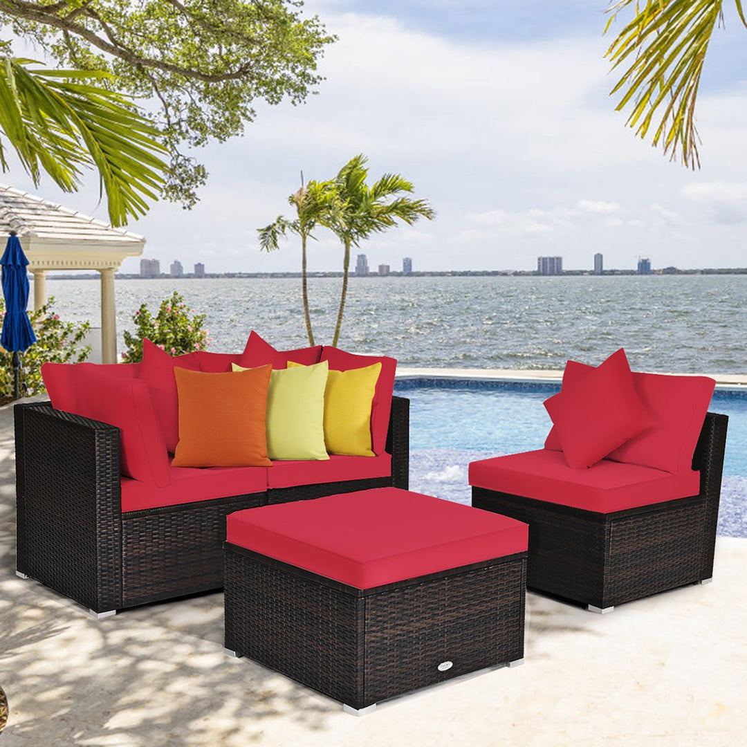 Costway 4PCS Patio Rattan Wicker Furniture Set Cushioned Sofa Ottoman Garden Turquoise\Red Image 1