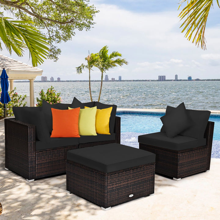 Costway 4PCS Patio Rattan Wicker Furniture Set Cushioned Sofa Ottoman Garden Turquoise\Red Image 1