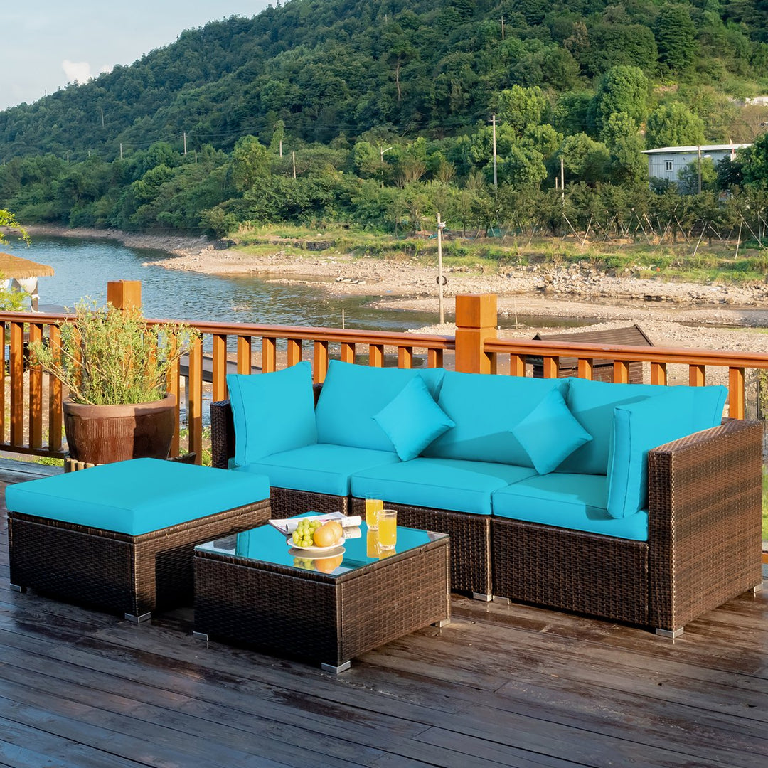 Costway 5PCS Outdoor Patio Rattan Furniture Set Sectional Conversation Turquoise\Navy\Black Cushion Image 1