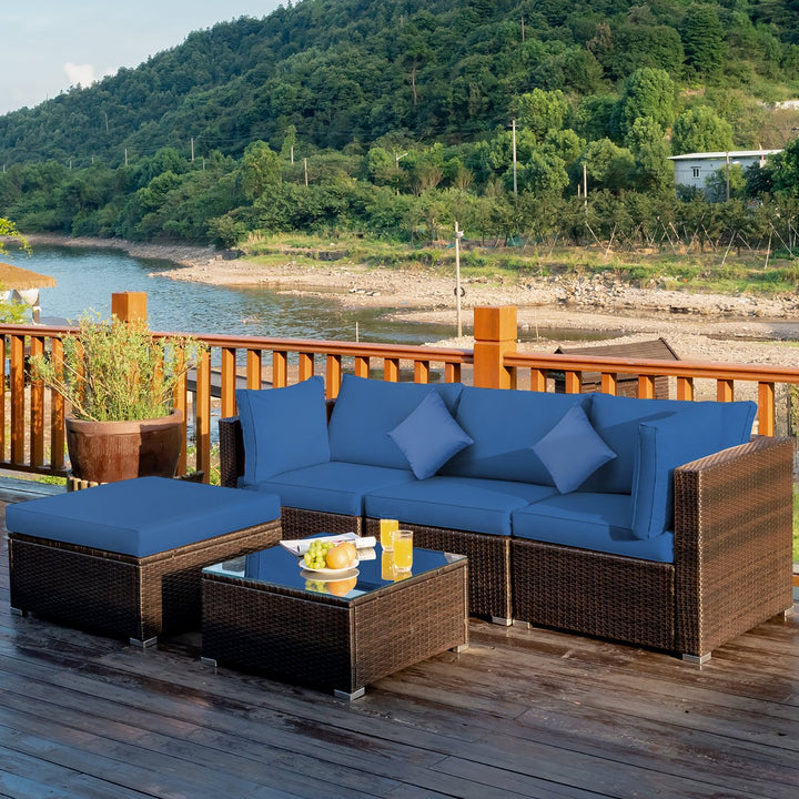 Costway 5PCS Outdoor Patio Rattan Furniture Set Sectional Conversation Turquoise\Navy\Black Cushion Image 1