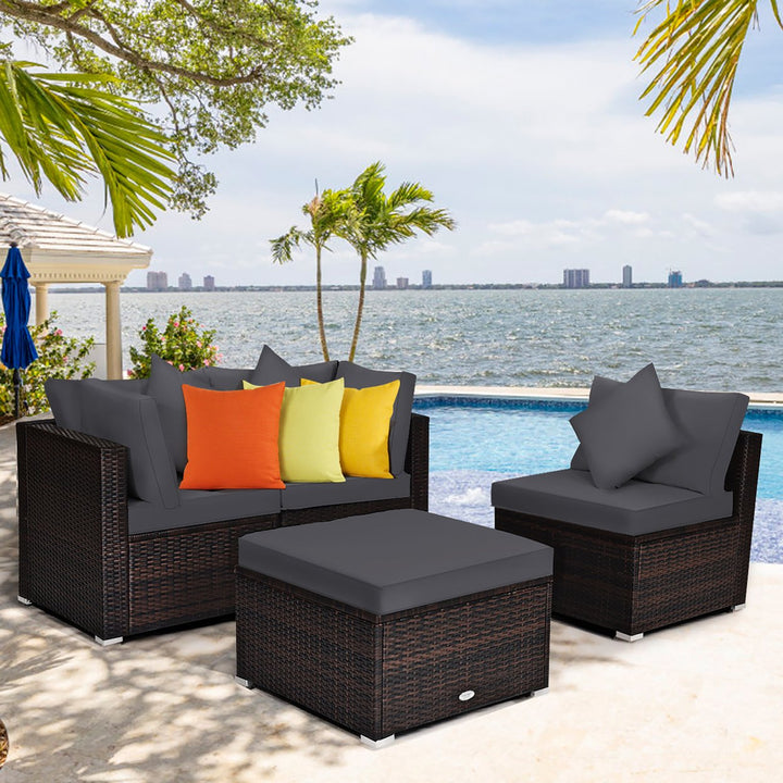 Costway 4PCS Patio Rattan Wicker Furniture Set Cushioned Sofa Ottoman Garden Turquoise\Red Image 1