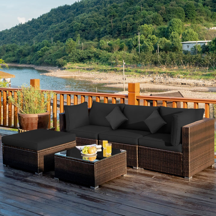 Costway 5PCS Outdoor Patio Rattan Furniture Set Sectional Conversation Turquoise\Navy\Black Cushion Image 1