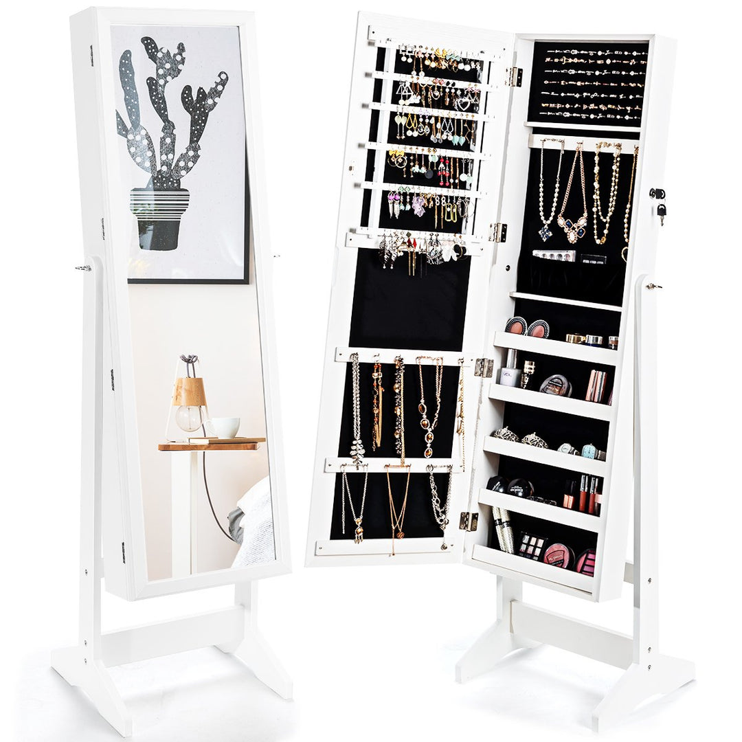 Costway Jewelry Cabinet Stand Mirror Armoire Lockable Organizer Large Storage Box White\Black\Brown Image 1