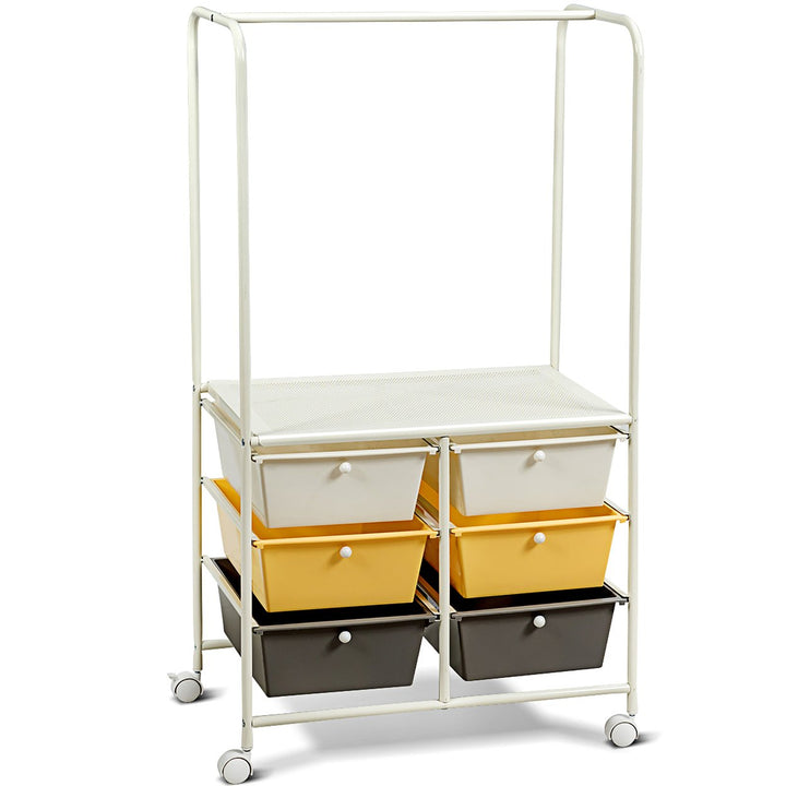 Costway 6 Drawer Rolling Storage Cart w/Hanging Bar Office School Organizer Yellow\Black\White Image 1