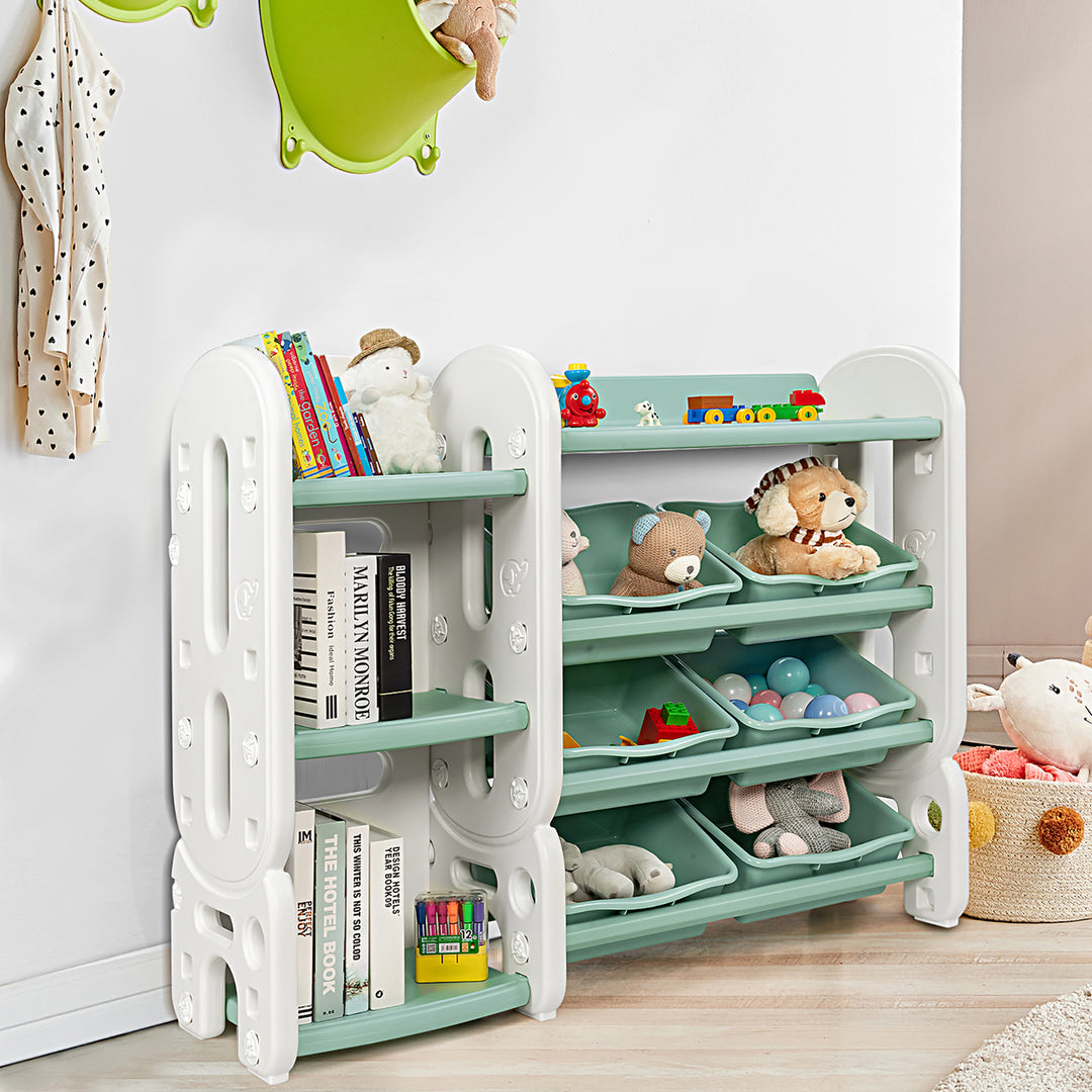 Costway Kids Toy Storage Organizer w/Bins and Multi-Layer Shelf for Bedroom Playroom Green\Blue Image 3