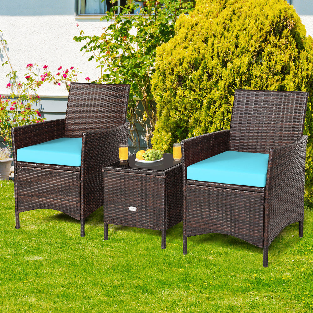 Costway 3PCS Patio Rattan Furniture Set Cushioned Sofa Glass Tabletop Deck Red\Blue\ White Image 2