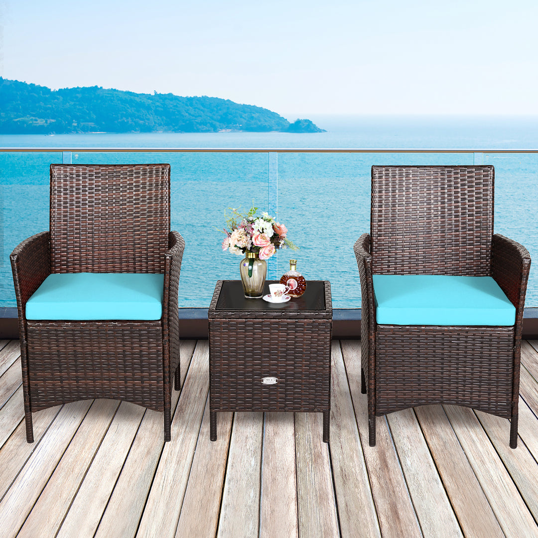 Costway 3PCS Patio Rattan Furniture Set Cushioned Sofa Glass Tabletop Deck Red\Blue\ White Image 1