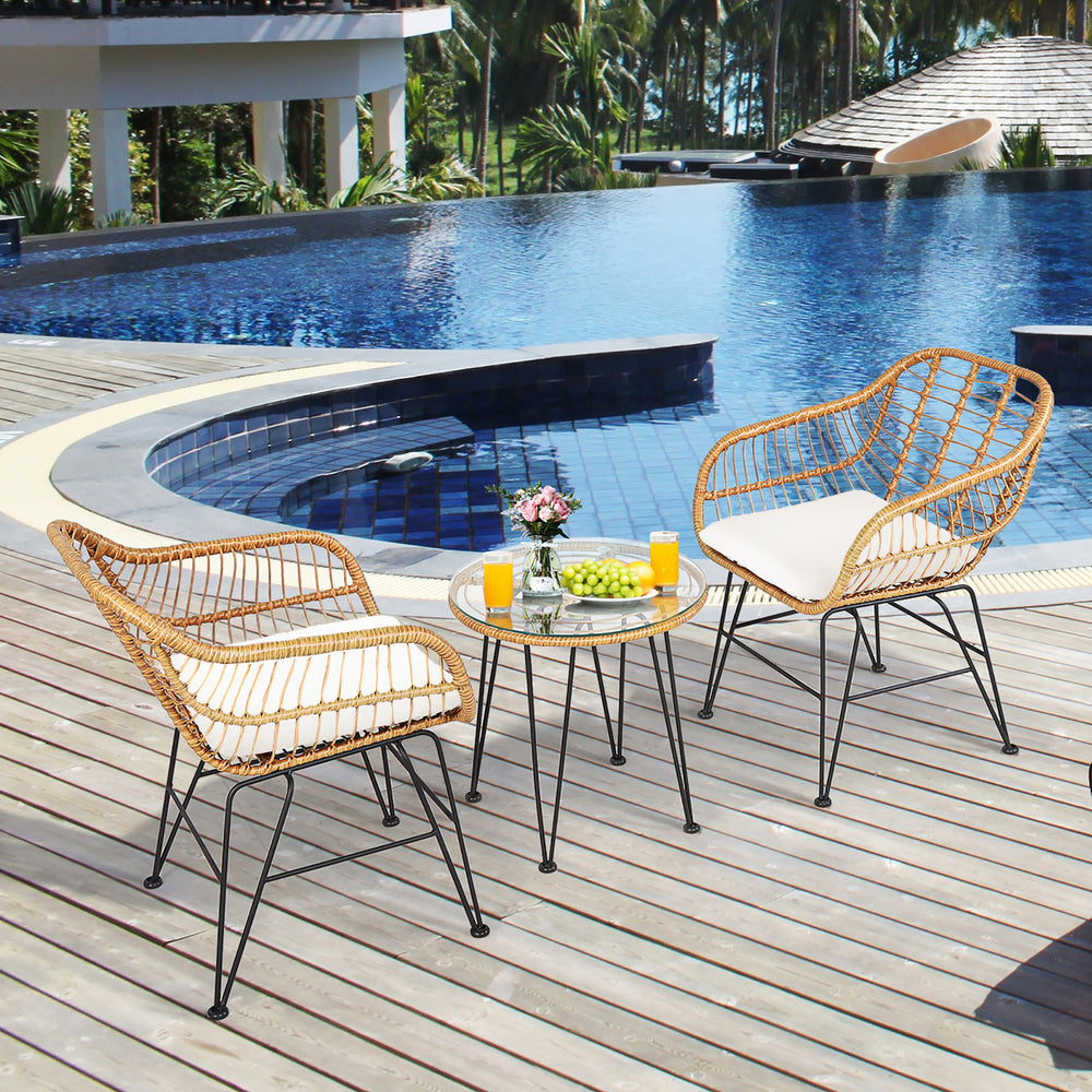 Costway 3PCS Patio Rattan Bistro Furniture Set Cushioned Chair Table Image 2