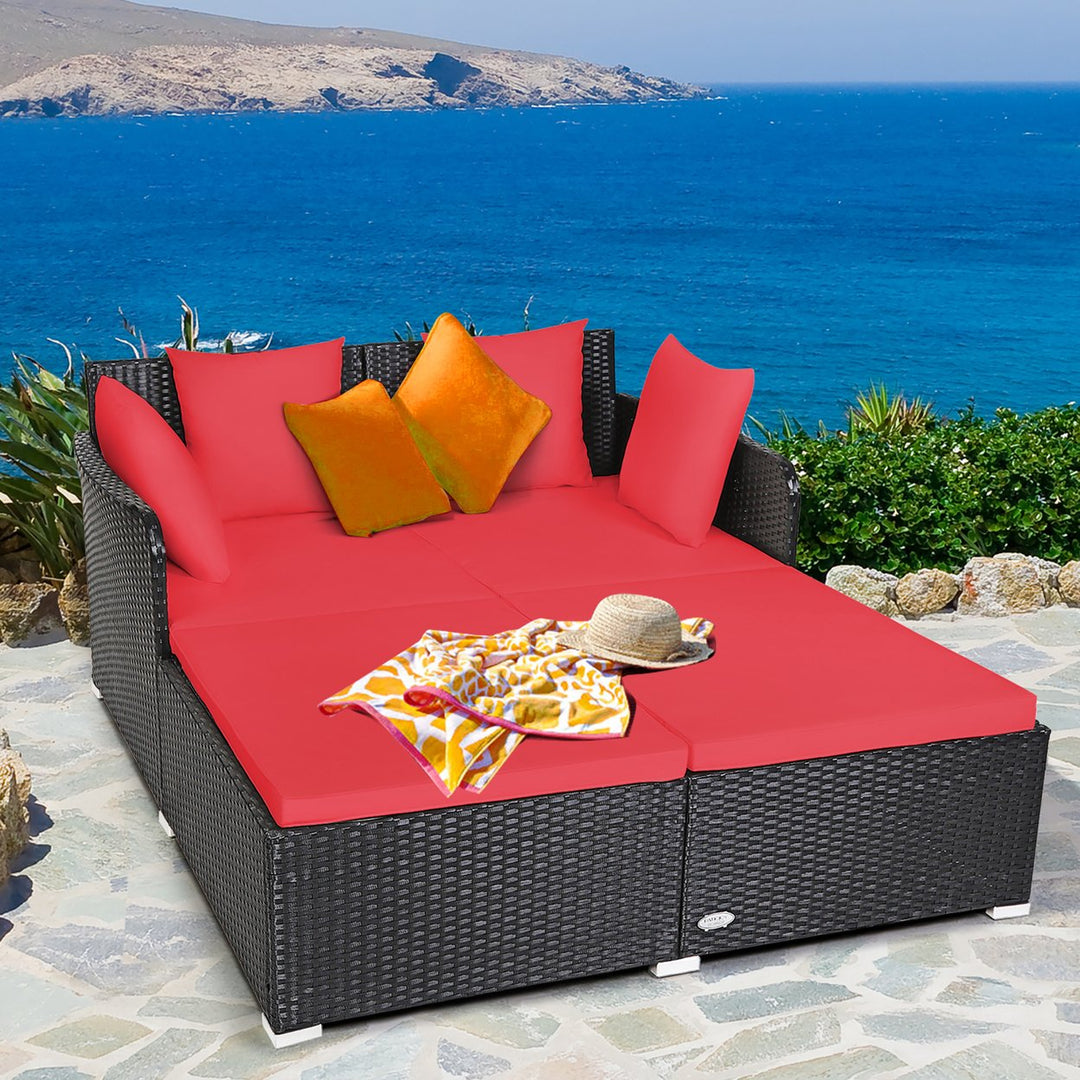 Costway Outdoor Patio Rattan Daybed Pillows Cushioned Sofa Furniture Biege\Turquoise\Red Image 1