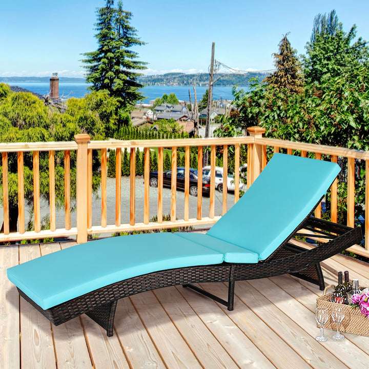 Costway Patio Rattan Folding Lounge Chair Chaise Adjustable W/White\Turquoise Cushion Image 1