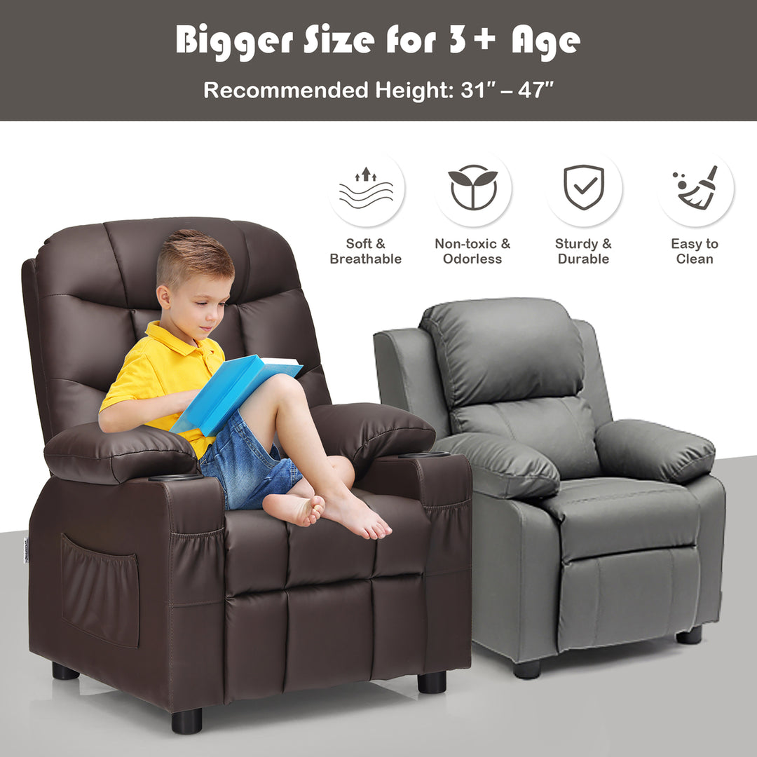 Costway Kids Youth Recliner Chair PU Leather w/Cup Holders and Side Pockets Blue\Black\Brown Image 2