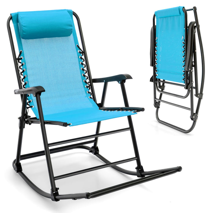 Costway Folding Zero Gravity Rocking Chair Outdoor Patio Headrest Turquoise\ Grey Image 5