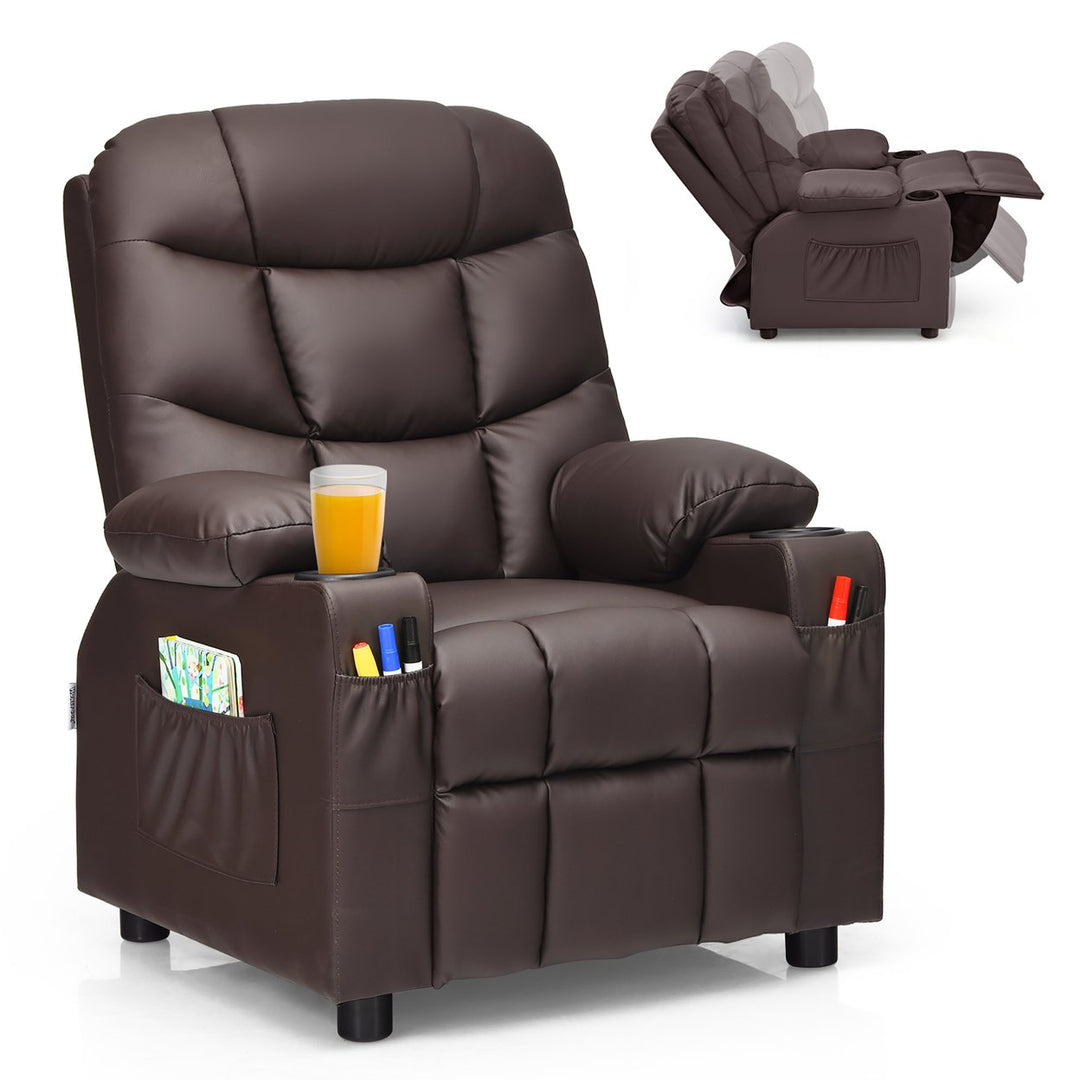 Costway Kids Youth Recliner Chair PU Leather w/Cup Holders and Side Pockets Blue\Black\Brown Image 1