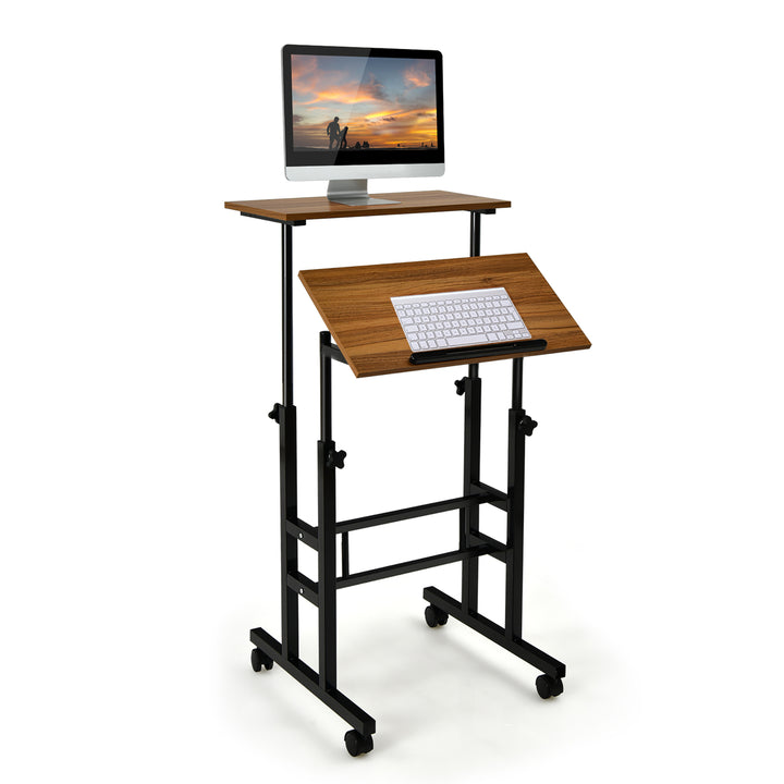 Costway Mobile Standing Desk Rolling Adjustable Laptop Cart Home Office Walnut/Natural/White Image 11